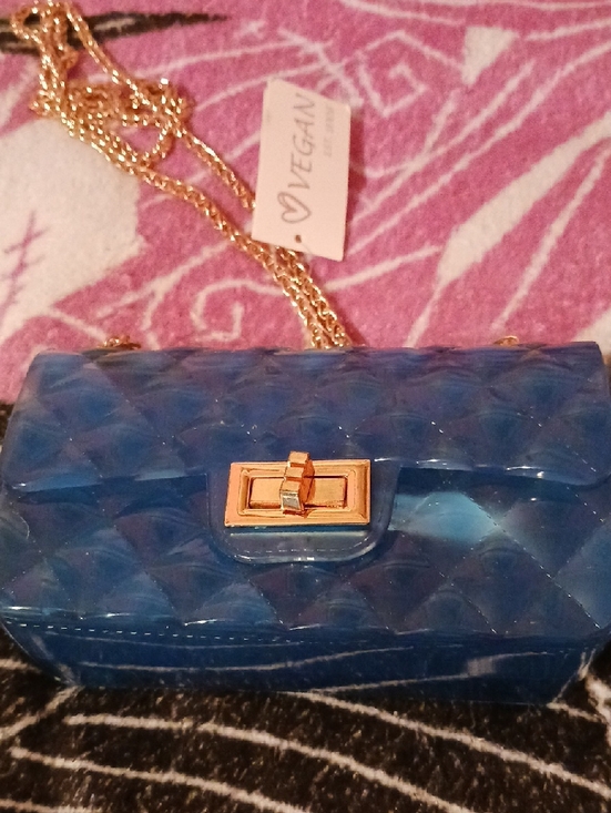 vegan Handbags - Vegan Blue Quilted Crossbody Clutch with Gold Chain